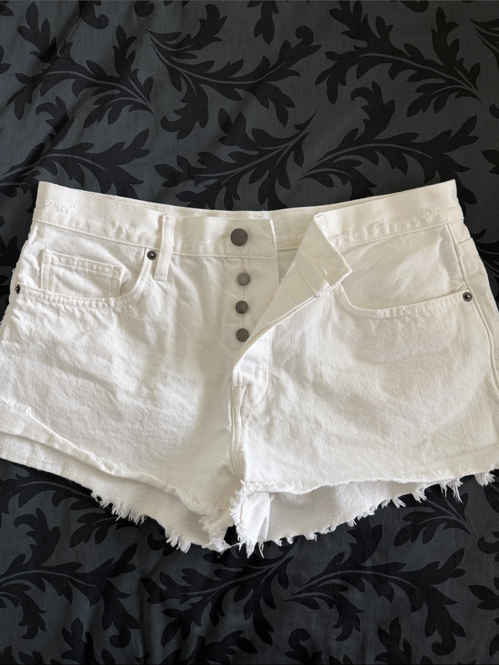 Frame Denim White  Button-Fly Frayed Hem Shorts